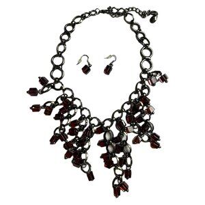 Statement Necklace & Earrings Set • Purple & Amber Beaded Dangle Bib Jewelry • G